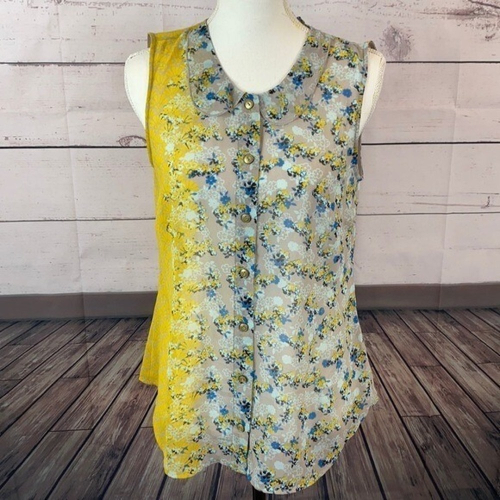 CAbi 5221 Blouse Top Shirt Womens Small Yellow Blue Sheer‎ Cottage Ditzy Preppy